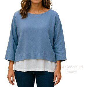 Pure Jill J Jill Light Blue White Layer 3/4 Sleeves Pullover Boat Neck Top Sz MP